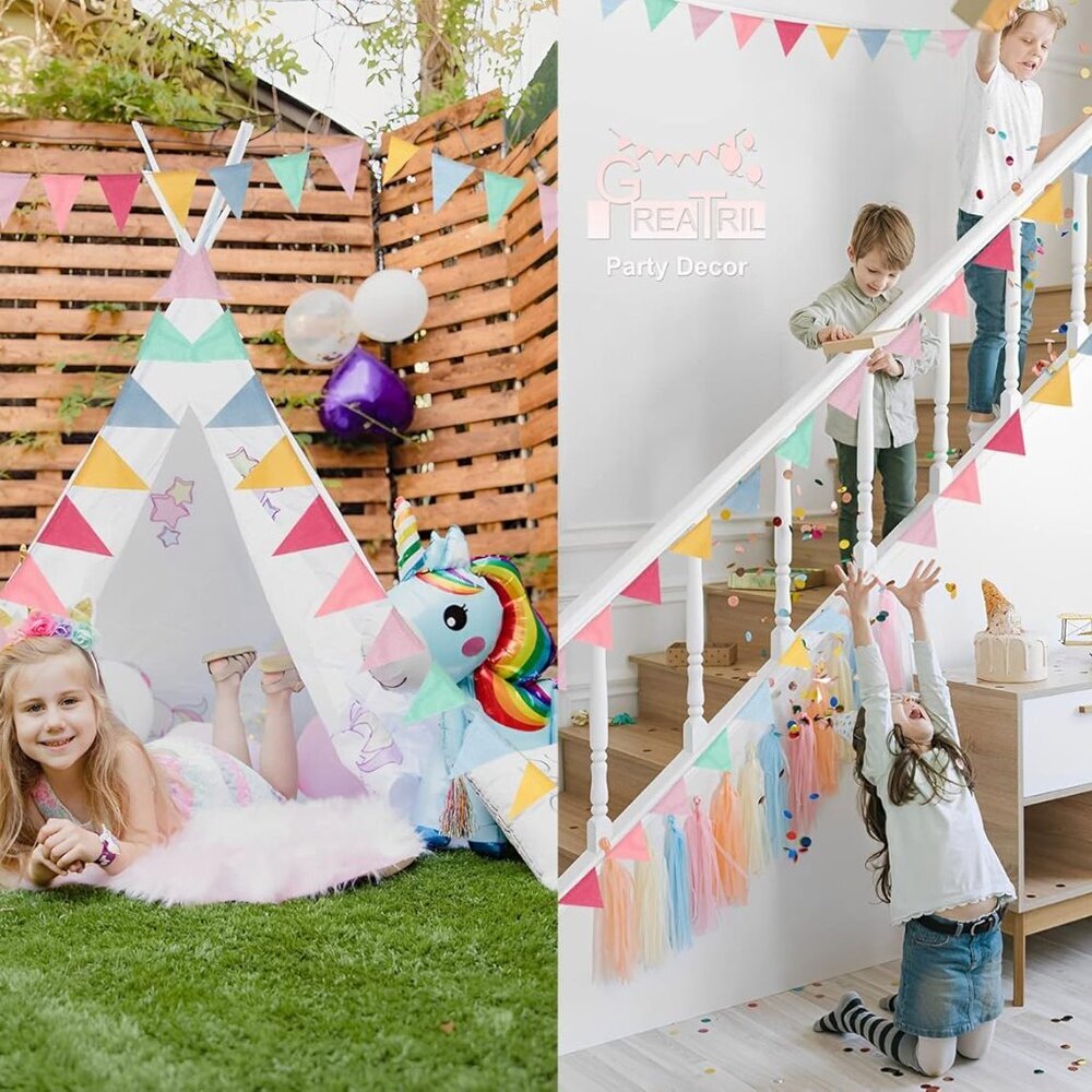 Pennant Banner Flags Pastel - Colorful Triangle Banners for Birthdays Easter Cla - Picture 3 of 9